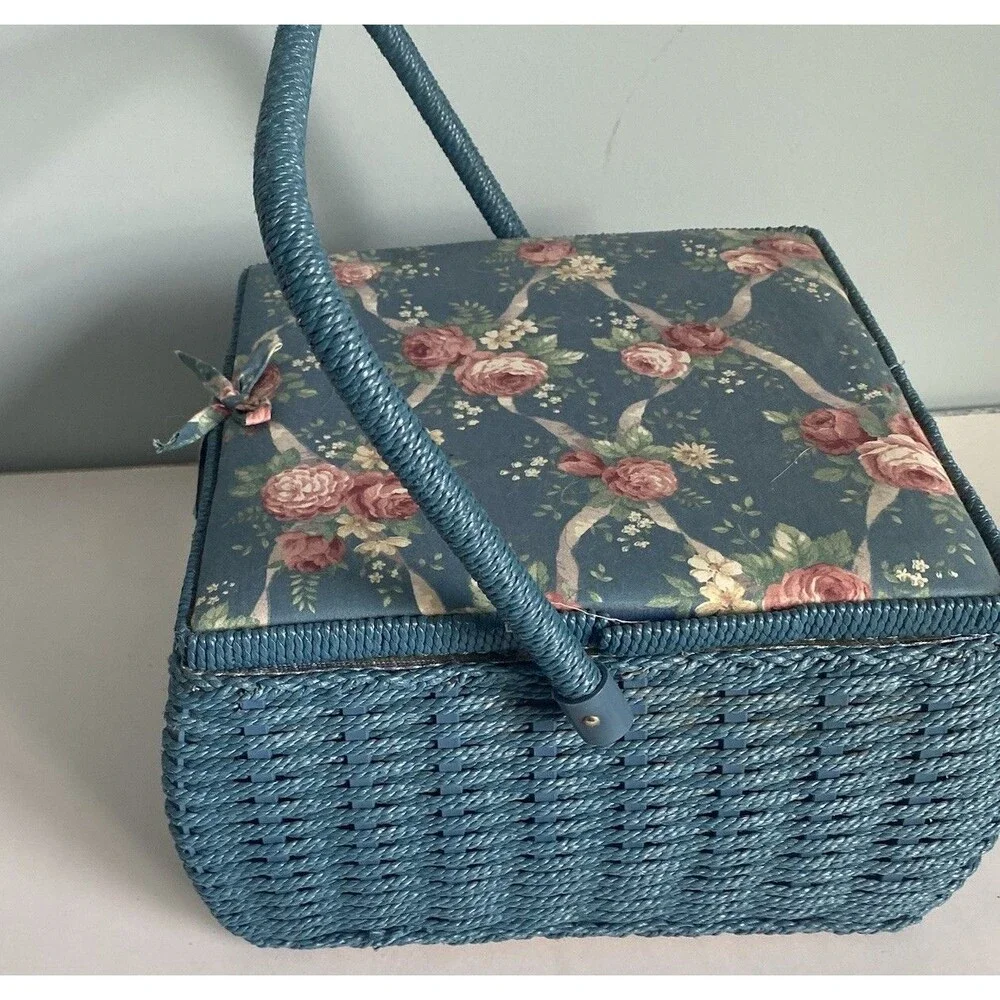 Floral Wicker Sewing Basket w Handle, Compartment Blue 10” X 10” X 7”